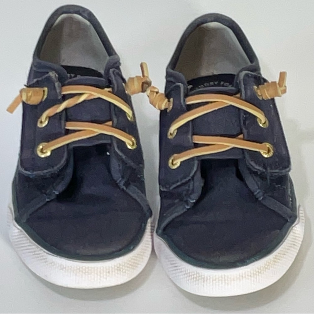 Sperry Seacoast Jr Youth Kids Boat Shoes Navy Fabric Uppers White Soles Sz 10.5